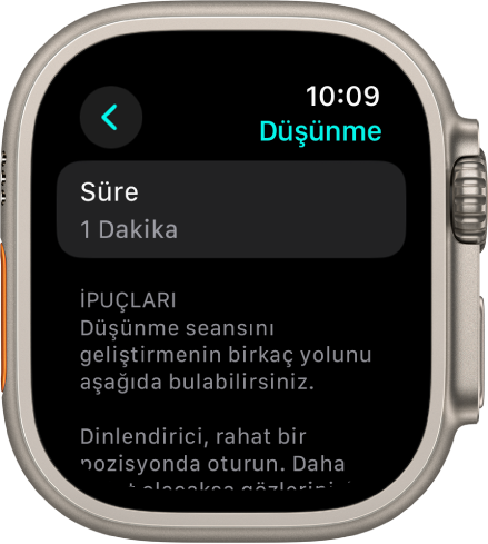 Farkındalık uygulaması ekranı en üstte bir dakikalık bir süre gösteriyor. Onun altında Düşünme seansını geliştirmeye yardımcı olan ipuçları var.