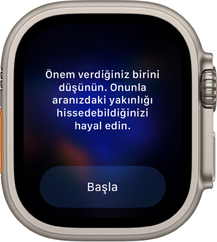 Farkındalık uygulaması üzerinde düşünebileceğiniz bir fikri gösteriyor: “Sevdiğiniz birini düşünün. Onunla ilişkinizi hissedebildiğinizi hayal edin.” Başla düğmesi alt tarafta.