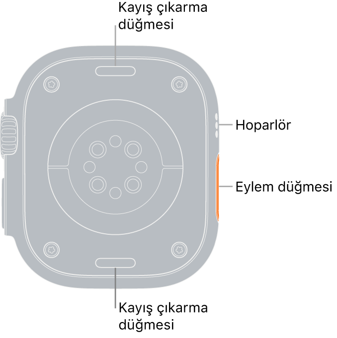 Üstte ve altta kayış çıkarma düğmeleri, ortada elektrikli kalp sensörleri, optik kalp sensörleri ve kanda oksijen sensörleri, yanda da hoparlör/havalandırma delikleri ile Apple Watch Ultra’nın arkası.