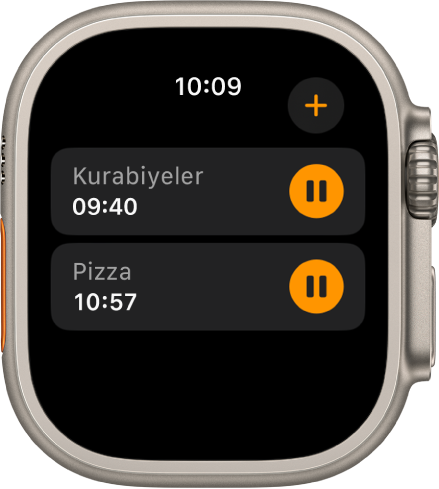 Sayaçlar uygulamasındaki iki sayaç. “Kurabiye” adlı bir sayaç üst tarafta. Onun altında “Pizza” adlı bir sayaç var. Her sayaç, sayaç adının altında kalan süreyle birlikte sağ tarafta duraklat düğmesini gösteriyor. Ekle düğmesi sağ üstte.