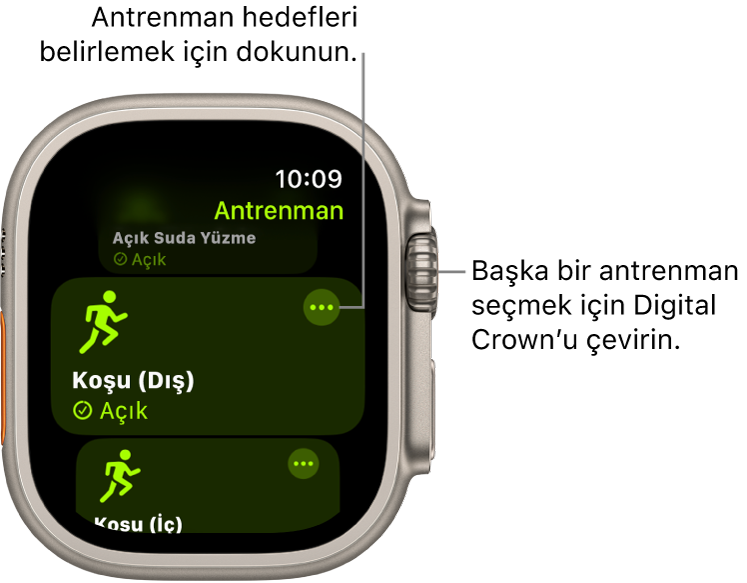 Koşu (Dış) antrenmanının vurgulandığı Antrenman ekranı. Daha Fazla düğmesi antrenman döşemesinin sağ üst tarafında.