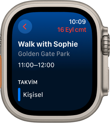 Takvim ekranı yeni bir etkinlik gösteriyor. Etkinliğin adı en üstte ve onun altında etkinlik konumu ve saati var. Sağ üstte etkinlik tarihi bulunuyor. Takvim başlığının altında, etkinliğin ait olduğu takvimin adı var.