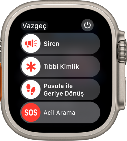 Dört sürgü gösteren Apple Watch ekranı: Siren, Tıbbi Kimlik, Pusula Geriye Dönüş ve Acil Arama. Güç düğmesi sağ üstte.