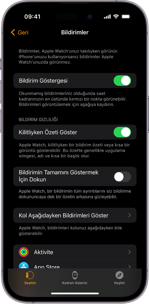 iPhone’daki Apple Watch uygulamasında bildirim kaynaklarını gösteren Bildirimler ekranı.