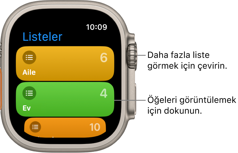 Anımsatıcılar uygulamasındaki Listeler ekranı iki liste düğmesi gösteriyor: Aile ve Ev. Sağ taraftaki sayılar, her listede kaç anımsatıcı olduğunu belirtir. Öğelerini görmek istediğiniz bir listeye dokunun veya daha fazla liste görmek için Digital Crown’u çevirin.
