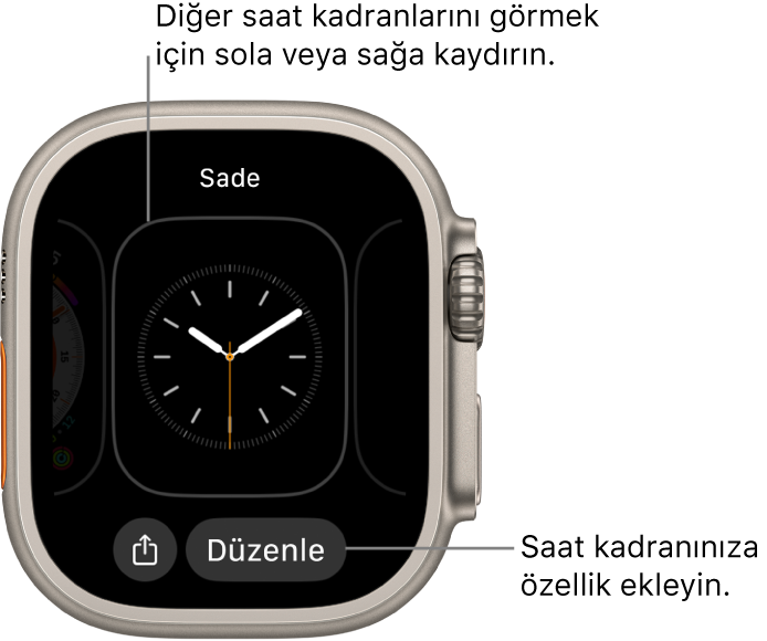 Saat kadranını basılı tuttuğunuzda, en altta Paylaş ve Düzenle düğmeleri olmak üzere kullanmakta olduğunuz kadranı görürsünüz. Saat kadranının adı en üstte. Diğer saat kadranı seçeneklerini görmek için sola veya sağa kaydırın. İstediğiniz özellikleri eklemek için bir komplikasyona dokunun.