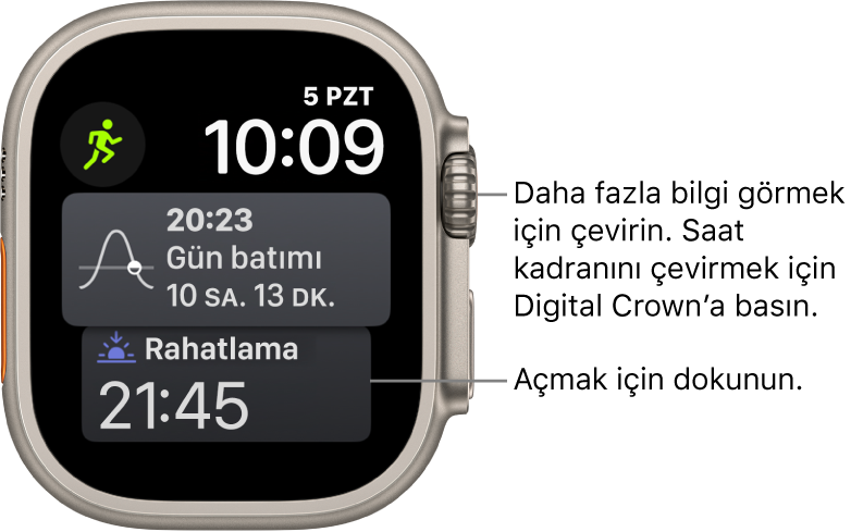 Sağ üstte tarih ve saati gösteren Siri saat kadranı. Ay Evreleri komplikasyonu sol üsttedir. Onun altında Gün doğumu/batımı komplikasyonu var. En altta Uyku komplikasyonu var.