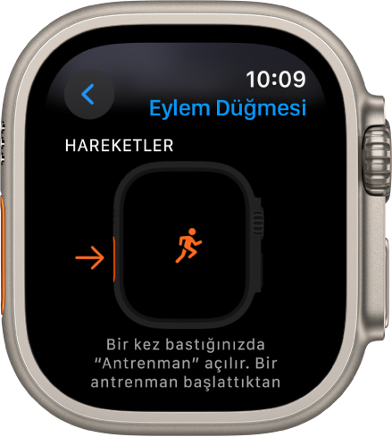Apple Watch Ultra’daki Eylem Düğmesi ekranı, atanan eylem ve uygulama olarak Antrenman’ı gösteriyor. Eylem düğmesine bir kez basıldığında Antrenman uygulaması açılır.
