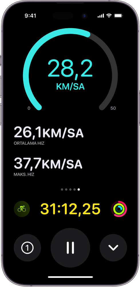 Sürmekte olan bir bisiklet antrenmanı, iPhone’da Canlı Etkinlik olarak görüntüleniyor ve antrenmanın hızını, ortalama hızını, katedilen mesafeyi, maksimum hızı, kalp atış hızını ve toplam geçen süreyi gösteriyor.