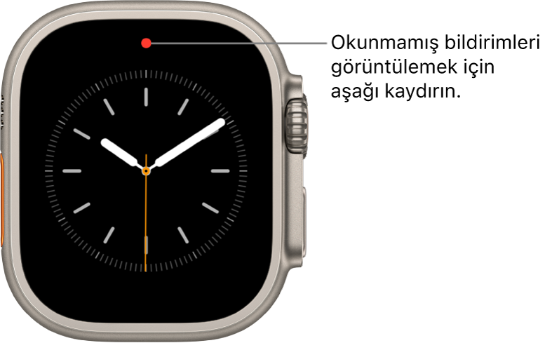 Okunmamış bir bildiriminiz olduğunda saat kadranının üst orta kısmında kırmızı bir nokta görünür.
