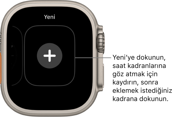 Ortasında artı düğmesi bulunan yeni saat kadranı ekranı. Yeni bir saat kadranı eklemek için dokunun.