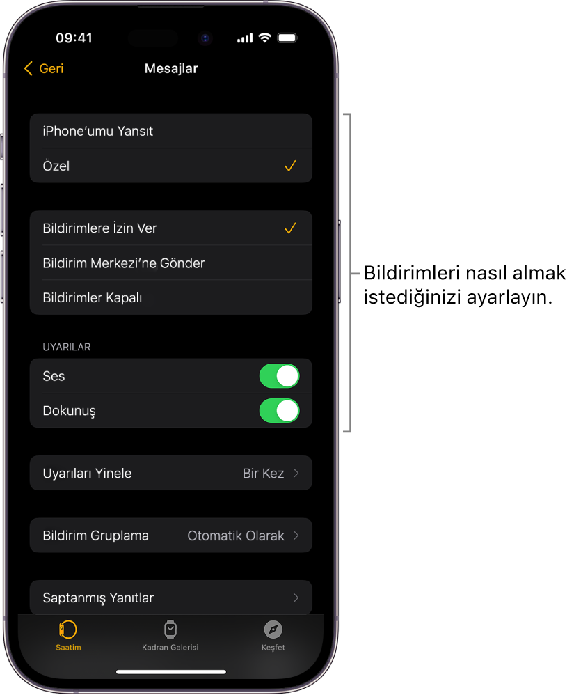 iPhone’daki Apple Watch uygulamasında Mesajlar ayarları. Uyarıların gösterilip gösterilmemesini, sesin açılıp açılmamasını, dokunuşun açılıp açılmamasını ve uyarıların yinelenip yinelenmemesini seçebilirsiniz.
