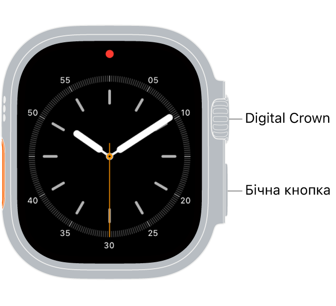 Передня панель Apple Watch Ultra з коронкою Digital Crown вгорі з правого боку годинника й бічною кнопкою, розташованою внизу праворуч.