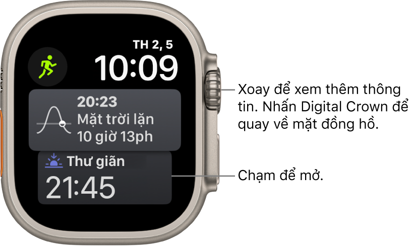 Mặt đồng hồ Siri đang hiển thị ngày và giờ ở trên cùng bên phải. Một tổ hợp Tuần trăng ở trên cùng bên trái. Ở bên dưới là tổ hợp Mặt trời mọc/lặn. Ở dưới cùng là tổ hợp Ngủ.