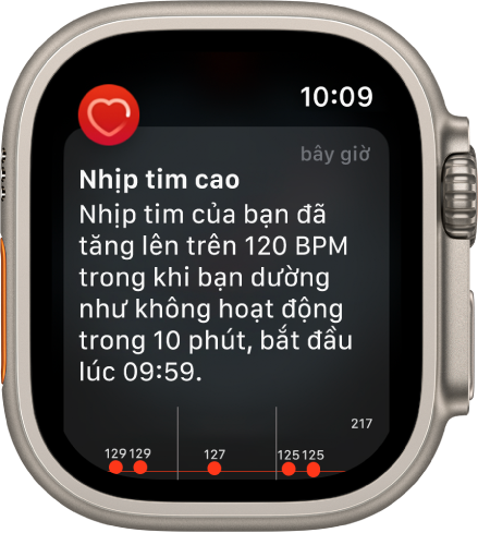 Một màn hình Cảnh báo nhịp tim cho biết rằng một nhịp tim cao đã được phát hiện.