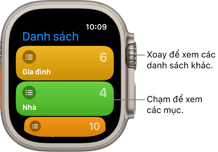 Màn hình Danh sách của ứng dụng Lời nhắc đang hiển thị hai nút danh sách – Gia đình và Nhà. Các số ở bên phải cho biết bạn có bao nhiêu lời nhắc trong mỗi danh sách. Chạm vào một danh sách để xem các mục trong đó hoặc xoay Digital Crown để xem các danh sách khác.