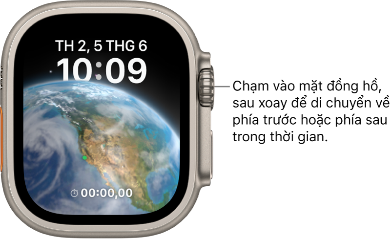 Mặt đồng hồ Thiên văn, hiển thị thứ, ngày và giờ hiện tại. Tổ hợp hẹn giờ ở dưới cùng bên phải. Chạm vào mặt đồng hồ, sau đó xoay Digital Crown để di chuyển về phía trước hoặc phía sau trong thời gian.