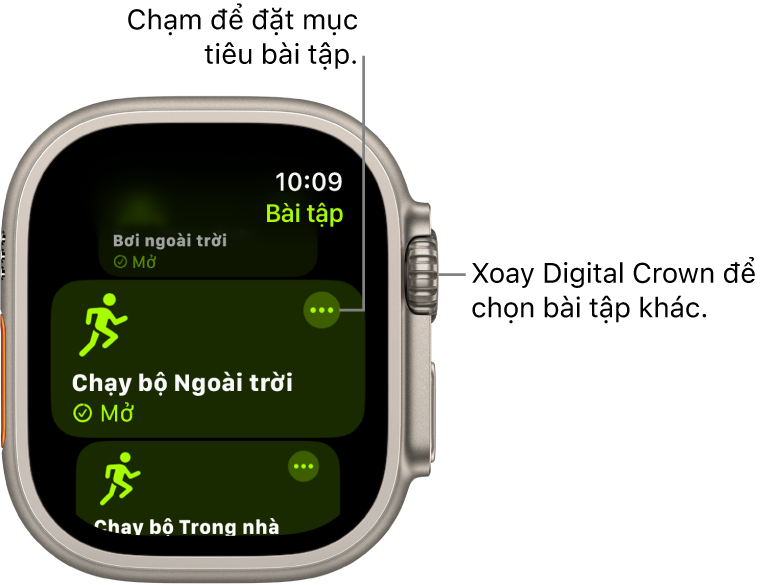 Màn hình Bài tập với bài tập Chạy bộ ngoài trời được tô sáng. Nút Thêm ở trên cùng bên phải của ô bài tập.