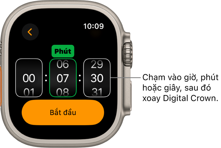 Các cài đặt để tạo hẹn giờ tùy chỉnh, với giờ ở bên trái, phút ở giữa và giây ở bên phải. Nút bắt đầu ở bên dưới.