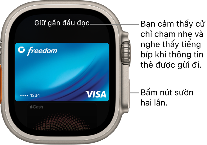 Màn hình Apple Pay với “Giữ gần đầu đọc” ở trên cùng; bạn cảm thấy một cử chỉ chạm nhẹ và nghe thấy tiếng bíp khi thông tin thẻ được gửi đi.