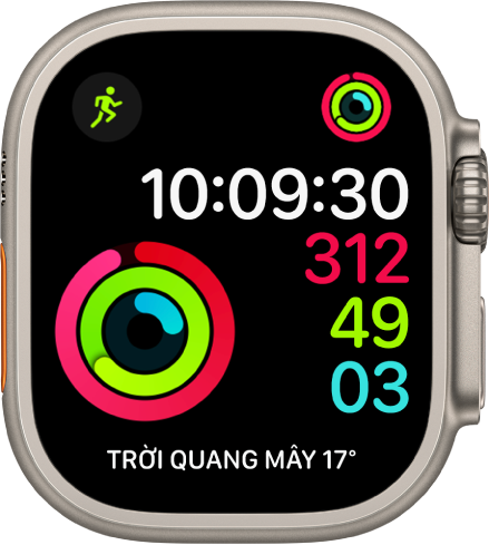 Mặt đồng hồ Hoạt động - Số đang hiển thị thời gian cũng như tiến trình Di chuyển, Tập luyện và Đứng. Cũng có ba tổ hợp: Bài tập ở trên cùng bên trái, Hoạt động ở trên cùng bên phải và tổ hợp Điều kiện thời tiết ở dưới cùng.