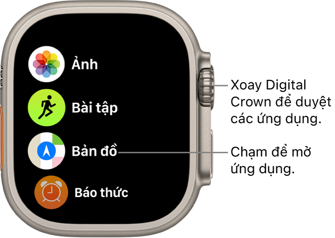 Màn hình chính ở chế độ xem danh sách trên Apple Watch, với các ứng dụng trong một danh sách. Chạm vào một ứng dụng để mở. Cuộn để xem các ứng dụng khác.