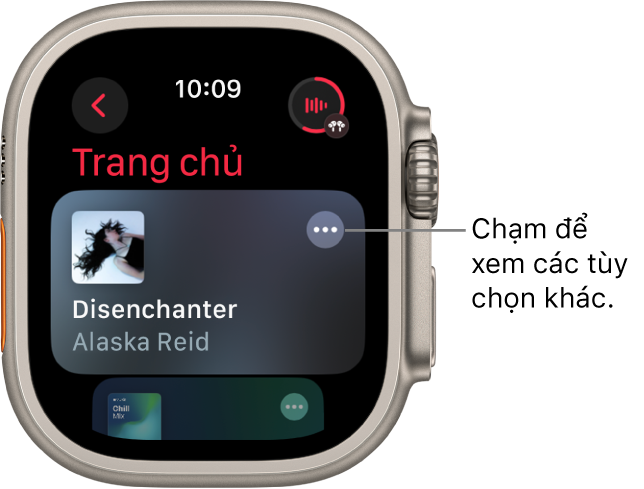 Ứng dụng Nhạc hiển thị màn hình Trang chủ với một album đang hiển thị. Một nút Tùy chọn khác ở bên phải. Ở trên cùng bên phải là nút Đang phát. Một nút Quay lại ở trên cùng bên trái.
