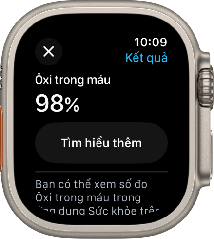 Màn hình kết quả Ôxi trong máu đang hiển thị một độ bão hòa ôxi trong máu là 98 phần trăm. Một nút Tìm hiểu thêm ở bên dưới.