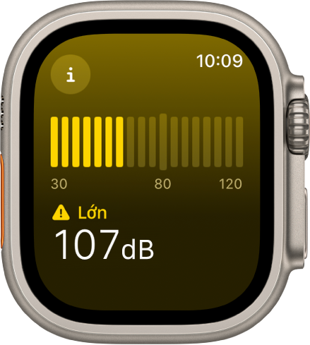 Ứng dụng Tiếng ồn đang hiển thị mức âm thanh 107 decibel với từ “Lớn” ở phía trên. Một đồng hồ đo âm thanh xuất hiện ở giữa màn hình.