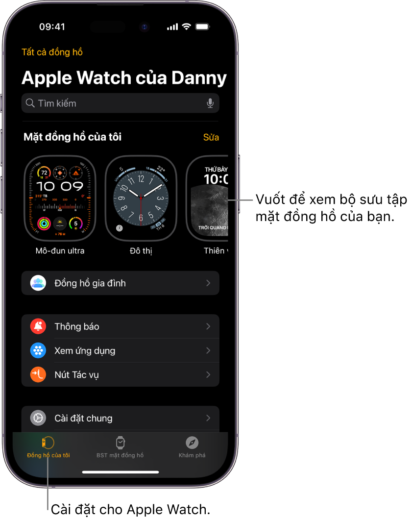 Ứng dụng Apple Watch trên iPhone mở ra màn hình Đồng hồ của tôi, hiển thị các mặt đồng hồ của bạn ở gần trên cùng và các cài đặt ở bên dưới. Có ba tab ở dưới cùng của màn hình ứng dụng Apple Watch: tab bên trái là Đồng hồ của tôi, là nơi dành cho các cài đặt của Apple Watch; tiếp theo là BST mặt đồng hồ, là nơi bạn khám phá các mặt đồng hồ và tổ hợp có sẵn; sau đó là Khám phá, là nơi bạn có thể tìm hiểu thêm về Apple Watch.