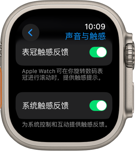 “表冠触感反馈”屏幕,显示“表冠触感反馈”开关已打开。下方是“系统触感反馈”开关。