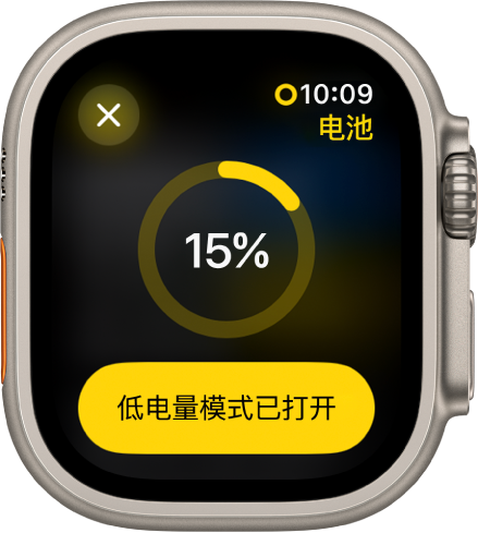 低电量模式屏幕包含不完整的黄色圆环,表示剩余电量。圆环中心显示 15%。“低电量模式已打开”按钮位于底部。左上方是“关闭”按钮。
