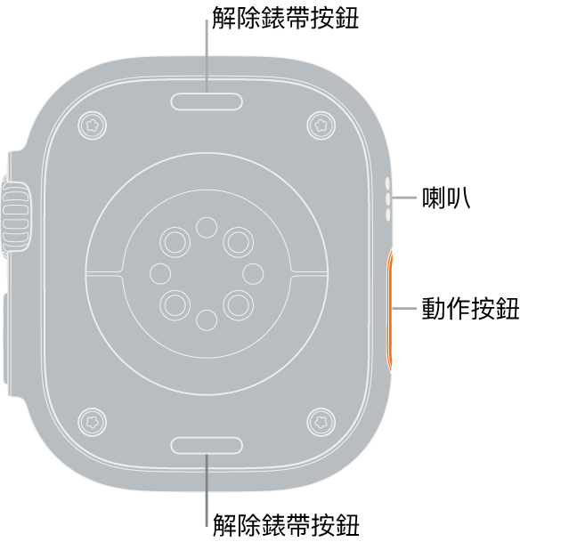 Apple Watch Ultra 的背面，在頂部和底部的解除錶帶按鈕，中間的電子心率感測器、光學心率感測器和血氧感測器，以及側邊的喇叭/通氣孔。