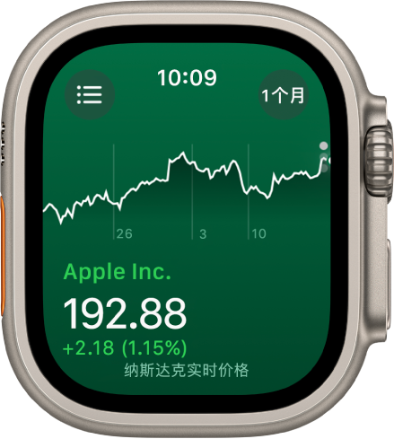 “股市” App 中，一只股票的信息。屏幕中间出现的大图形显示股票在一个月内的表现。