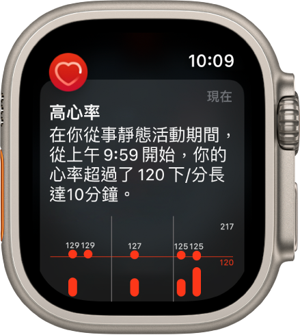 「心率提示」畫面表示偵測到過高的心率。