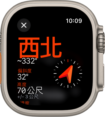 顯示資訊畫面的「指南針」App。方位顯示在中間左側，帶有指南針方位（西北）和度數（332 度）。目前的傾斜度和高度如下所示。指南針指示符號位於右側。關閉按鈕位於左上角。