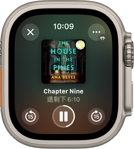 有聲書的「播放」畫面。「關閉」按鈕位於左上角，「更多」按鈕位於右上角，跳到 15 秒前的上一段按鈕位於左下角，「播放/暫停」按鈕位於底部中間，跳到 15 秒後的下一段按鈕位於右下角。中間是書籍封面、章節號和章節剩餘時間。