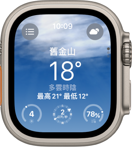 「天氣」App 顯示當天天氣的概覽。該位置的名稱與下方目前溫度一起出現。底部有三個按鈕：紫外線指數、風速和降水機率。「位置列表」按鈕位於右上方，而「天氣狀況」按鈕位於左上方。