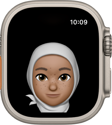 Apple Watch 上的 Memoji App 顯示一張臉。