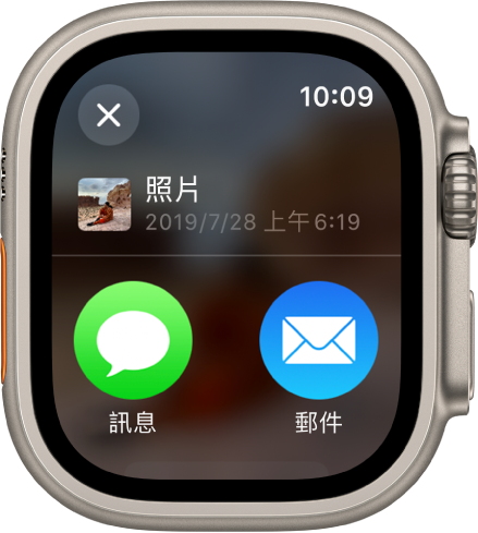「照片」App 中的「分享」畫面。共享的照片位於螢幕最上方，「訊息」和「郵件」位於下方。