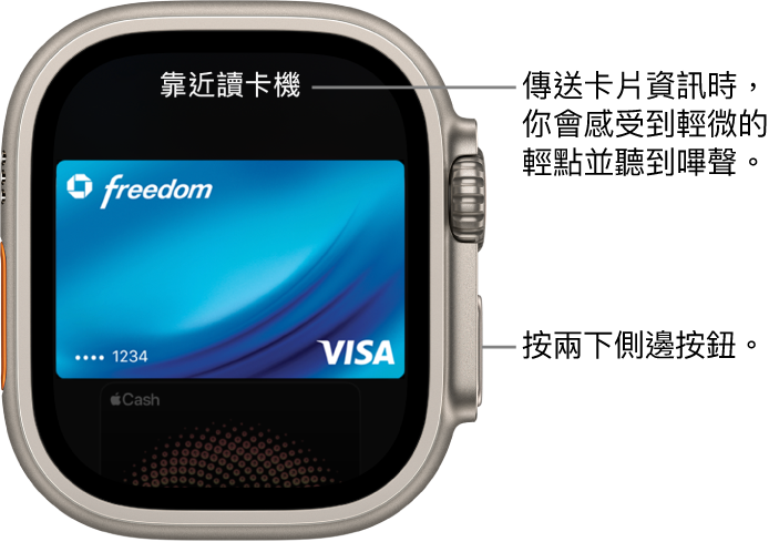 Apple Pay 畫面最上方帶有「靠近讀卡機」；當你的卡片資訊已傳送時，你會感覺到輕點並聽見嗶聲。