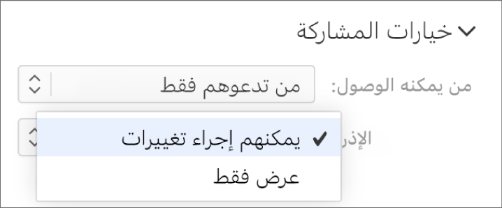 قائمة الإذن المنبثقة ضمن خيارات المشاركة مفتوحة، مع خيارات تسمح للأشخاص بإجراء تغييرات على العرض التقديمي أو عرضه فقط.