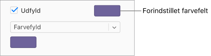 Afkrydsningsfeltet Fyld er valgt i indholdsoversigten, og det forindstillede farvefelt til højre for afkrydsningsfeltet er udfyldt med lilla. Under afkrydsningsfeltet vælges der Farvefyld på en lokalmenu.