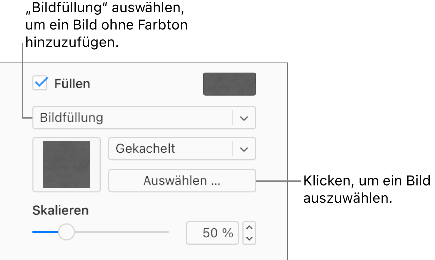 Das Markierungsfeld „Füllen“ ist aktiviert und „Bild“ ist im Einblendmenü unterhalb des Markierungsfelds ausgewählt. Steuerelemente zur Auswahl des Bildes, dazu, wie das Objekt gefüllt wird, sowie zum Skalieren des Bildes erscheinen unterhalb des Einblendmenüs. Eine Vorschau der Bildfüllung ist in dem Quadrat zu sehen (nachdem ein Bild ausgewählt wurde).