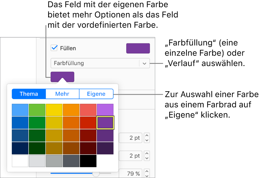 „Farbe“ ist im Einblendmenü unter dem Markierungsfeld „Füllen“ ausgewählt und das Farbfeld unter dem Einblendmenü zeigt weitere Farbfülloptionen an.