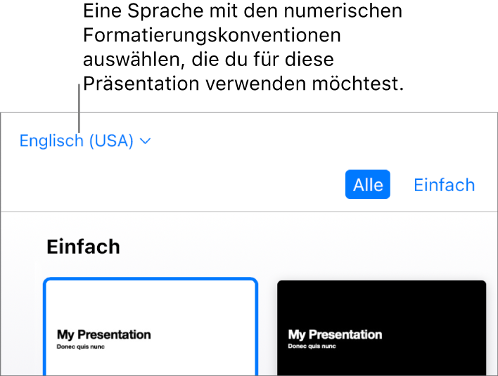 Das Einblendmenü oben links in der Themenauswahl mit Englisch (USA) ausgewählt.