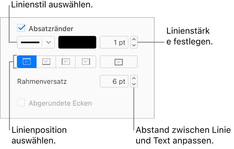 Das Markierungsfeld „Absatzrahmen“ ist im Tab „Layout“ in der Seitenleiste „Format“ aktiviert, und unter dem Markierungsfeld erscheinen Steuerelemente zum Ändern von Linienart,-farbe, -stärke, -position und -versatz.