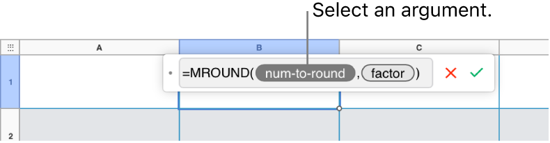 The Formula Editor with the SUM function entered and a callout to the value argument token.