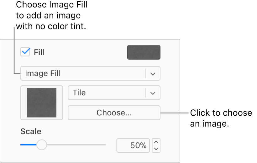 The Fill checkbox is selected in the sidebar, and Image Fill is chosen in the pop-up menu below the checkbox. Controls for choosing the image, how it fills the object, and the image’s scale, appear below the pop-up menu. A preview of the image fill appears in the square (after an image is chosen).