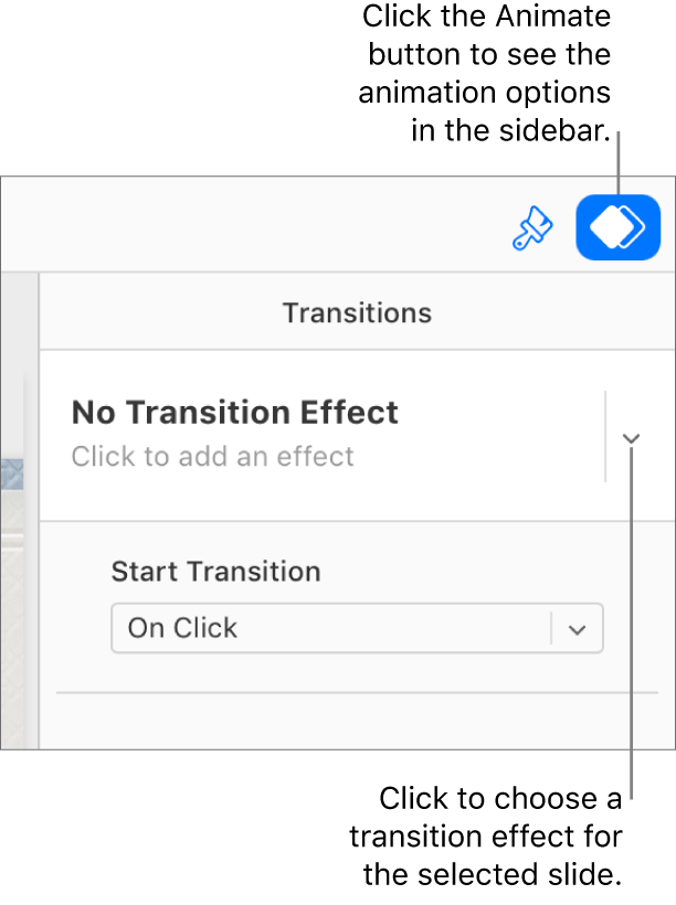 The Animate button is selected in the toolbar, and “No Build In Effect” is showing in the Transitions pop-up menu in the sidebar.